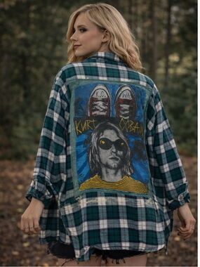 Kurt Cobain Upcycled Custom Flannel Top With Quote Patch OVERSIZED Size L OOAK